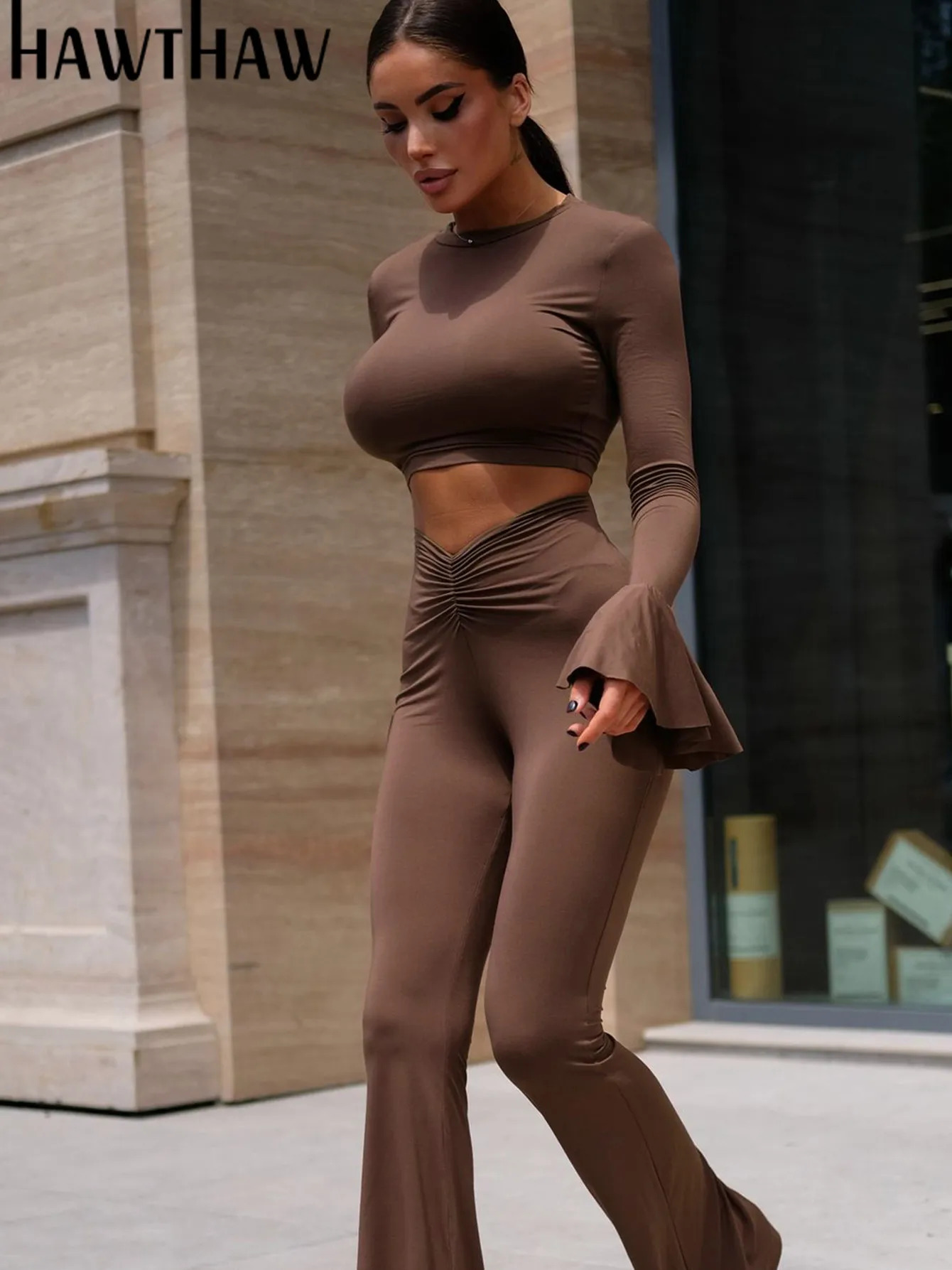 Hawthaw Women Spring Autumn Long Sleeve Crop Tops Pants Two Piece Sets Outfits Tracksuit Wholesale Items For Business 250818