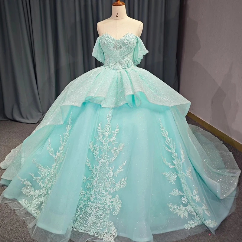 Green Green Shiny Quinceanera Robes Boube Ball Applique Perles de fleur Tull Corset Sweet 16 Robe Princess Party Vestidos de 15 Anos