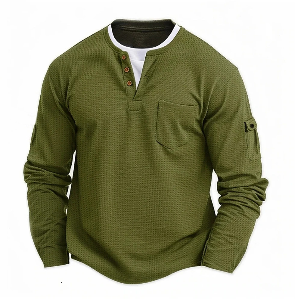 Mens Button Henley neck Shirt Long Sleeve Casual Solid color TShirt Fashion Waffle Cotton twopiece 250818