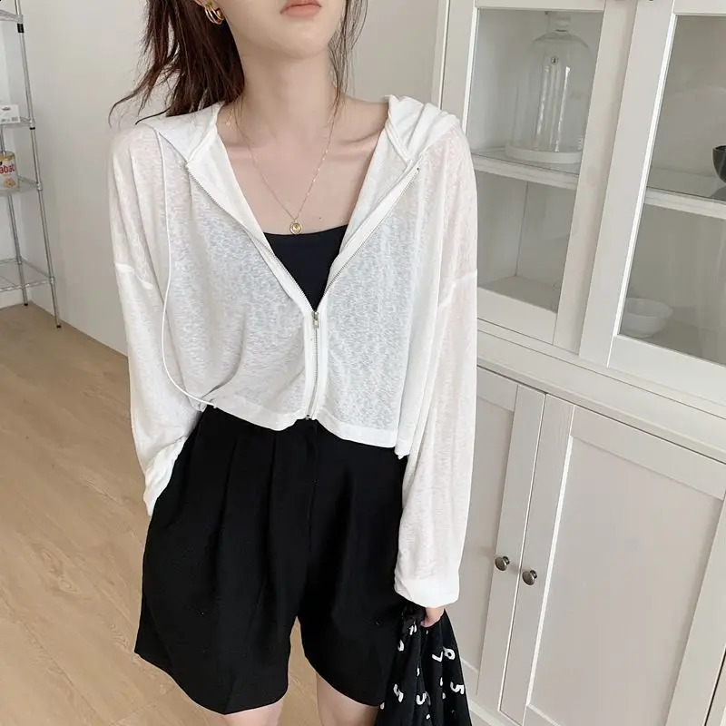 Rimocy Couleur continue mince Cardigan à capuche Femmes 2024 Été Zipper Up Crop Tops Femme Tous correspondent à manches longues veste recadro
