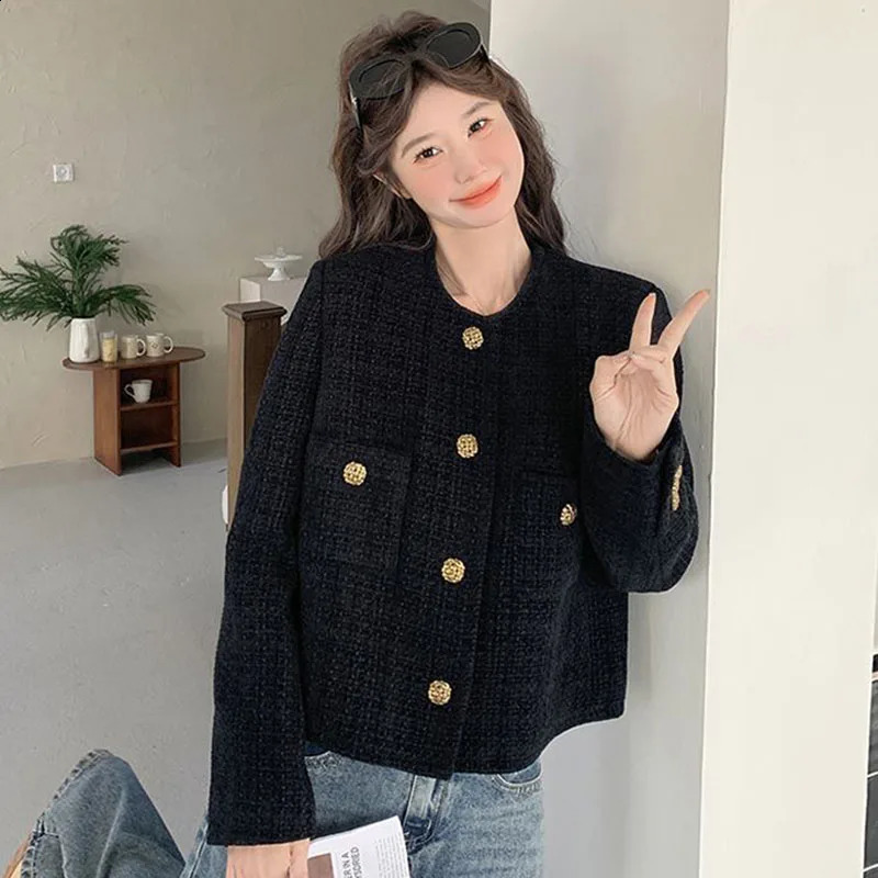 Korean Fashion Black Tweed Jacket Ladies Autumn Winter Single-Breasted Cropped Coat Woman Streetwear Y2K Long Sleeve Outwear 250815