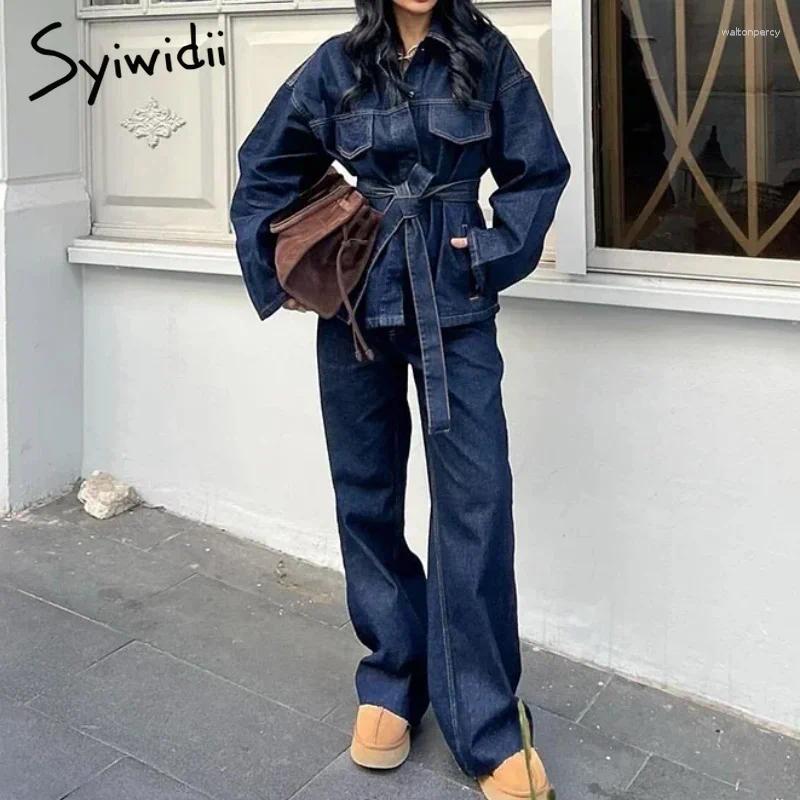 Women's Two Piece Pants Syiwidii Denim Pant Set Women Trendy Lace Up Single Breasted Lapel Jacket High Waist Straight 2025 Chic Casual 2