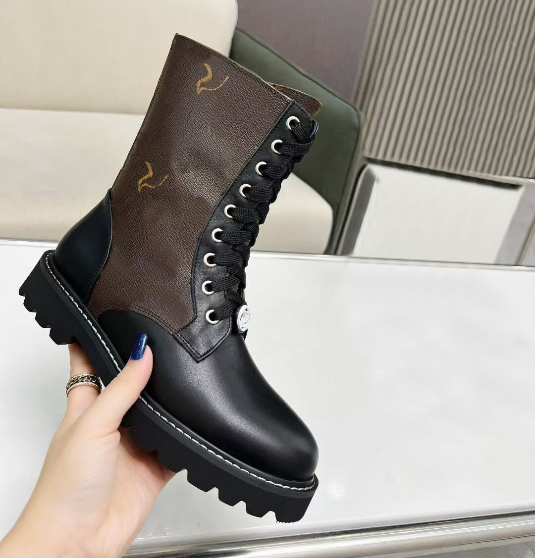 Women's genuine leather round toe short boots fashionable printed canvas wear-resistant rubber flat shoes street fashion hiking 35-42
