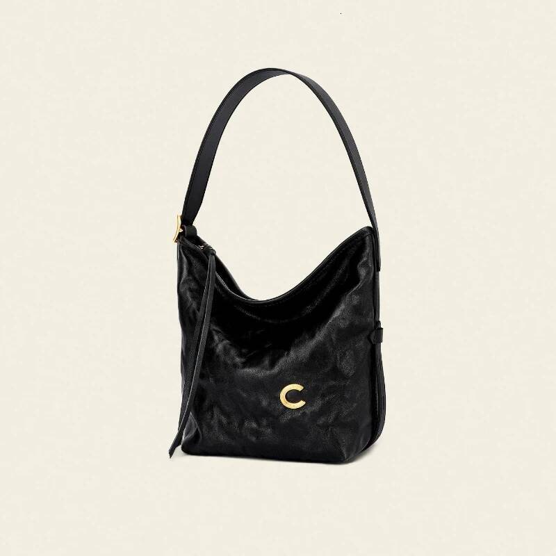 Cassile 2025 Bucket Women's New Style Wrinkled Vegetable-Tanned Black Single Shoulder Crossbody Bag