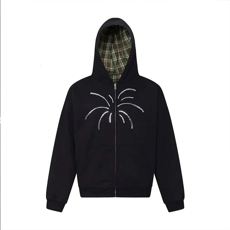 Autumn Winter Plaid Lined Reversible Unisex Fashion Sequin hoodie Printed Cardigan Sweatshirt