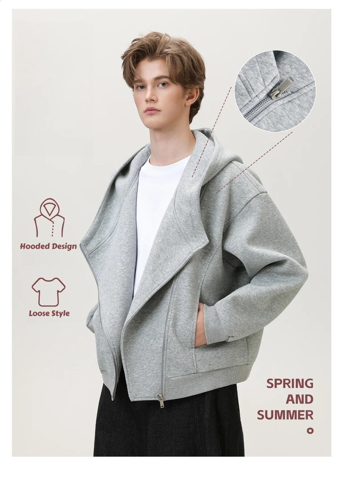 Slant Zipper Cardigan Hooded Sweatshirt Mens Autumn Winter Heavyweight Textured Short Wide Silhouette Jacket Casual Coat Women 250805