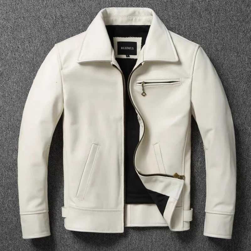 Mens Genuine Leather Jacket White Lapel Calfskin Jacket Natural Cowhide Mens Coat Slim Fit Top Layer Cowhide Biker Jacket XJ250818