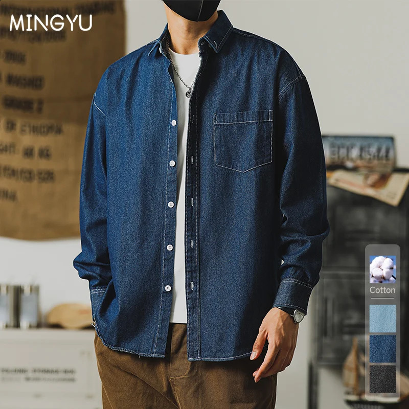 Clothing Autumn Cotton Denim Shirt Men Retro Japanese Harajuku Korea Daily Black Blue Male Casual Longsleeved S 4XL 250801