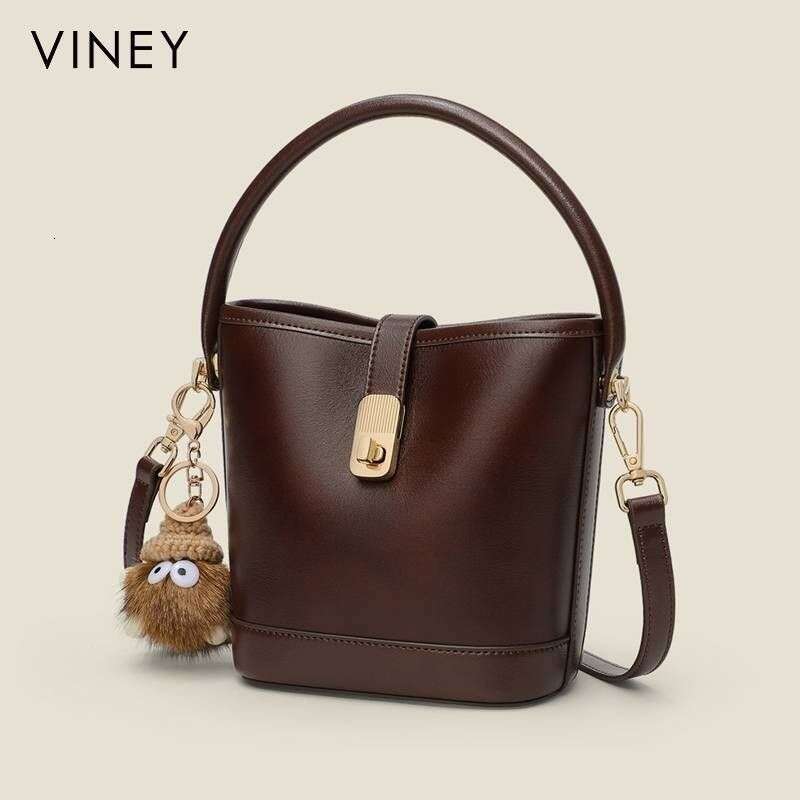Viney Bucket 2025 New Summer Genuine Leather Women's Shoulder Crossbody Handbag Retro Commuting Bag
