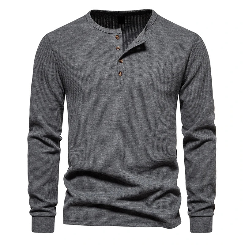 Waffle Henley TShirt Men Basic Breathable Mens Long Sleeve Tops Tee Shirts Spring Autumn Casual Solid Color Button T 250818