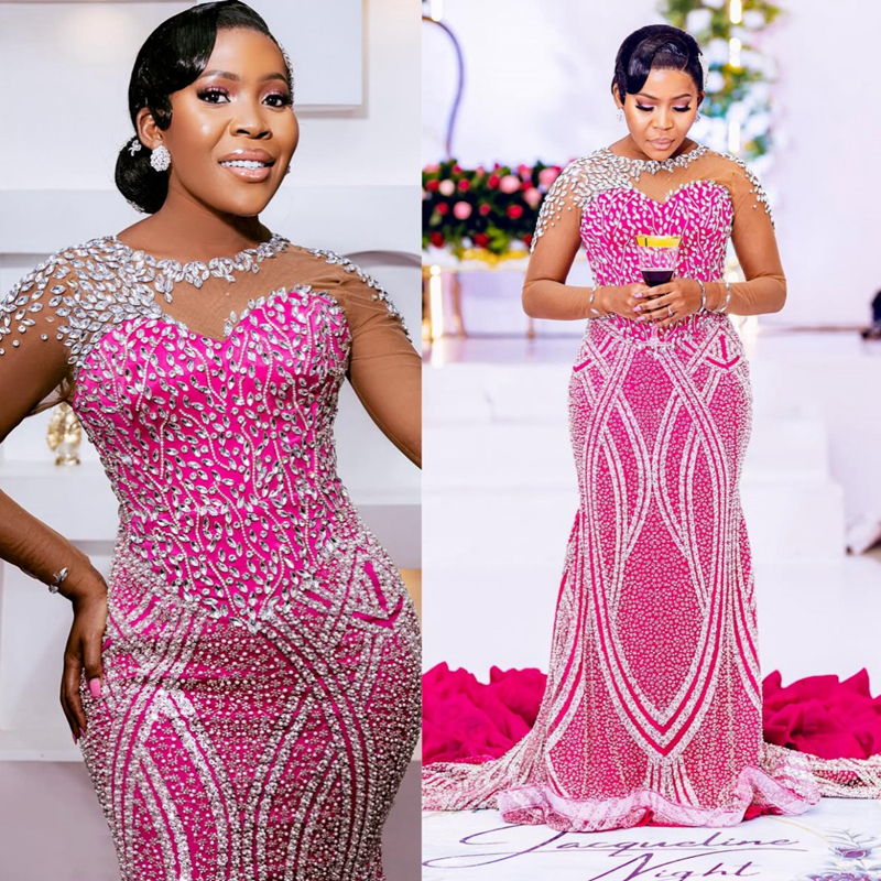 Taille plus taille fuchsia sirène robes de bal robes de soirée pour les femmes noires africaines cristaux de dentelle en perles illusion cristaux