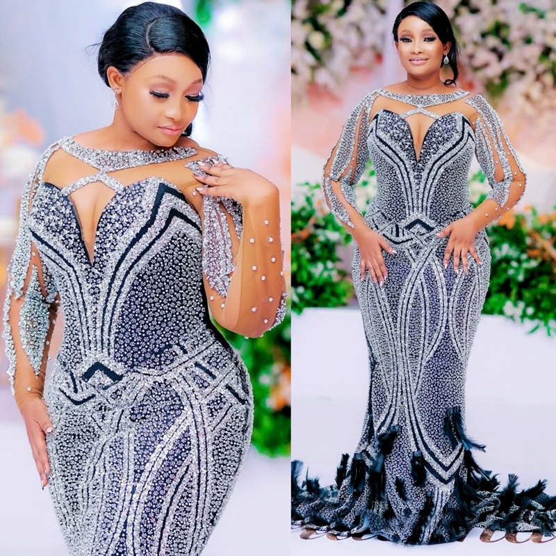 Plus Size Black Mermaid Prom Dresses Evening Dresses For African Black Women Illusion Sheer Neck Beaded Lace Feather Birthday Dress Second Reception
