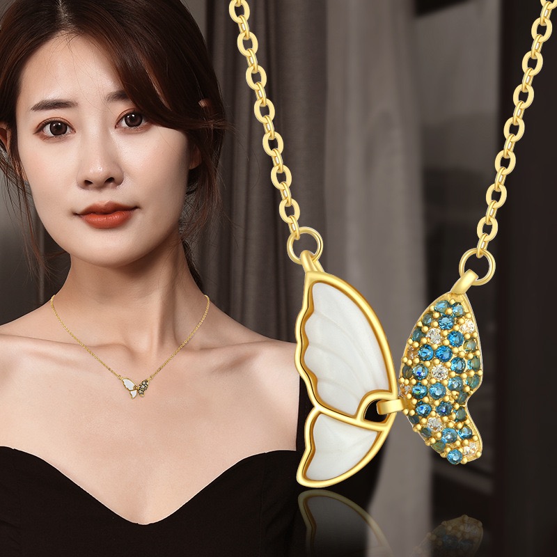 White mother-of-pearl gold butterfly necklace can flutter wings necklace silver women ins niche design diamond light luxury versatile
