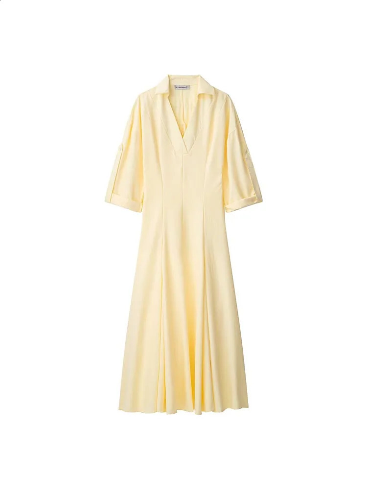 Women Summer Shirts Dress Fashion Casual VNeck 34 Sleeve Solid Female Elegant Street MIDI Dresses Clothing 250801