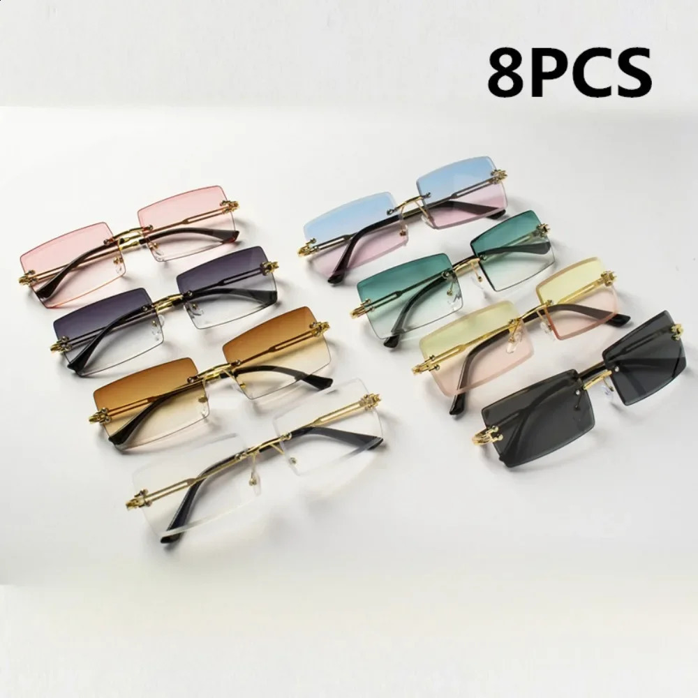 8PCS Fashion Rimless Sunglasses Women Trendy Small Rectangle Sun Glasses Summer Traveling Style Brown Shades for men 250815