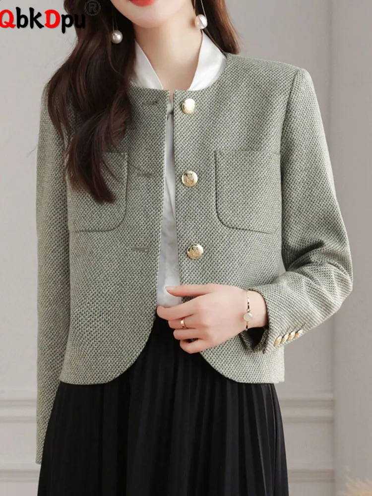 Classic Solid O-neck Tweed Jackets Tops Women Casual Long Sleeve Abrigos Korean Vintage Single Breasted Coats Elegant Chamarras 250815