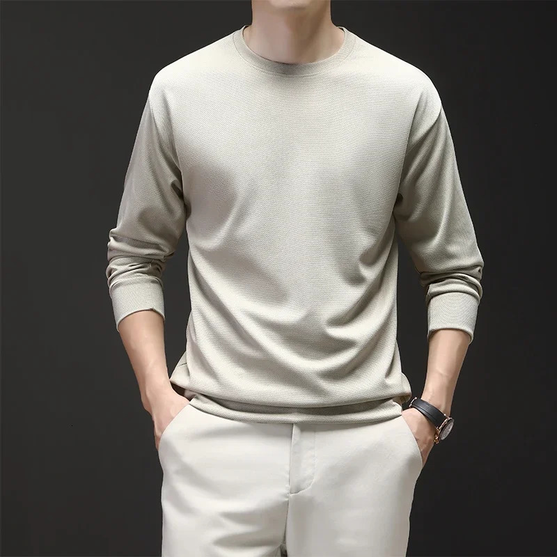 Autumn Waffle Style Fashionable Casual Long Sleeved Round Neck Solid Color Tshirt Versatile Breathable and Comfortable Top 250818