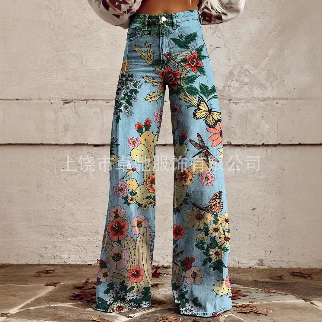 Free Shipping Designer 2025 Independent Station Plus Size Women's Casual Pants Printed With Artificial Denim Wide Leg 3D Fashion Women's P