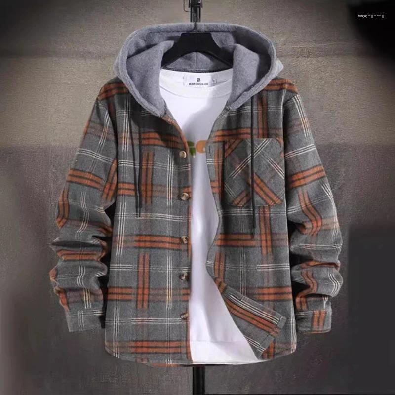 Men's Jackets Plaid Printed Long Sleeve Shirt Autumn Trend Hooded Cardigan Casual