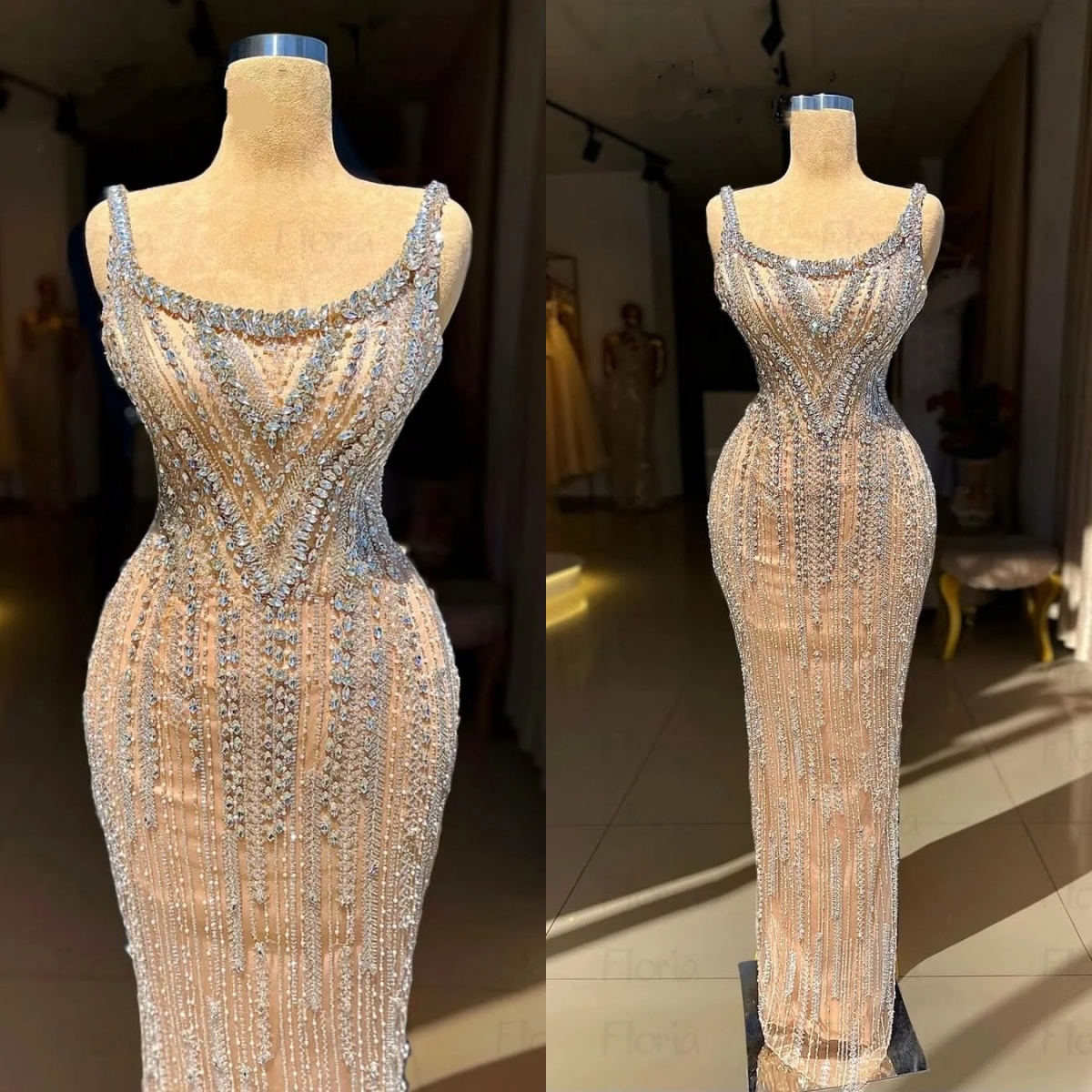 Robes de soirée en strass de mode Spaghetti Stracts de bal Rangs de bal paillettes perles sans manches Princesse Sweep Train personnalisé Vestido