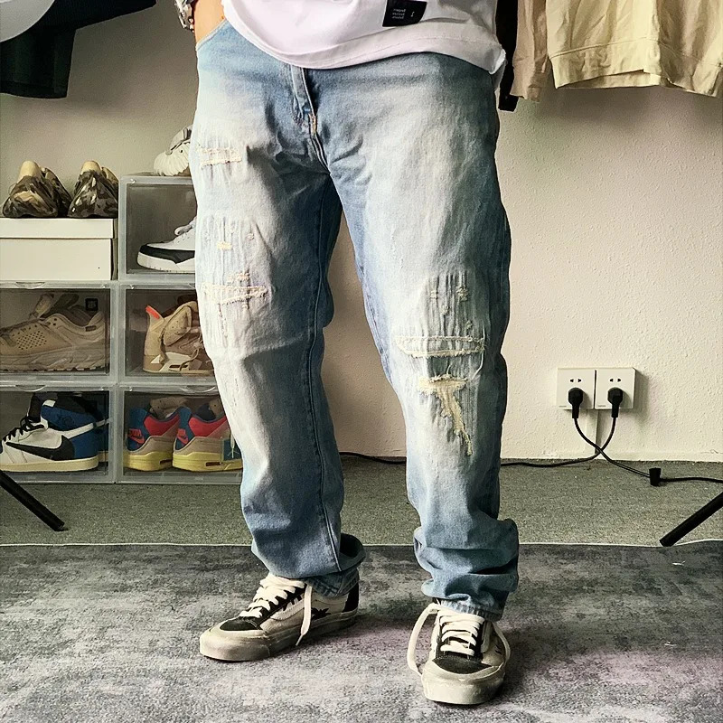 Korean Mens Jeans Retro Japan Style Street Boyfriend Light Blue Relaxed Straight Fit Ripped Denim Pants 250818