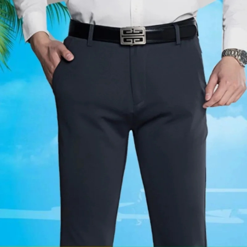 Mens summer ice silk thin suit pants elastic solid color casual mens office quick drying 250801