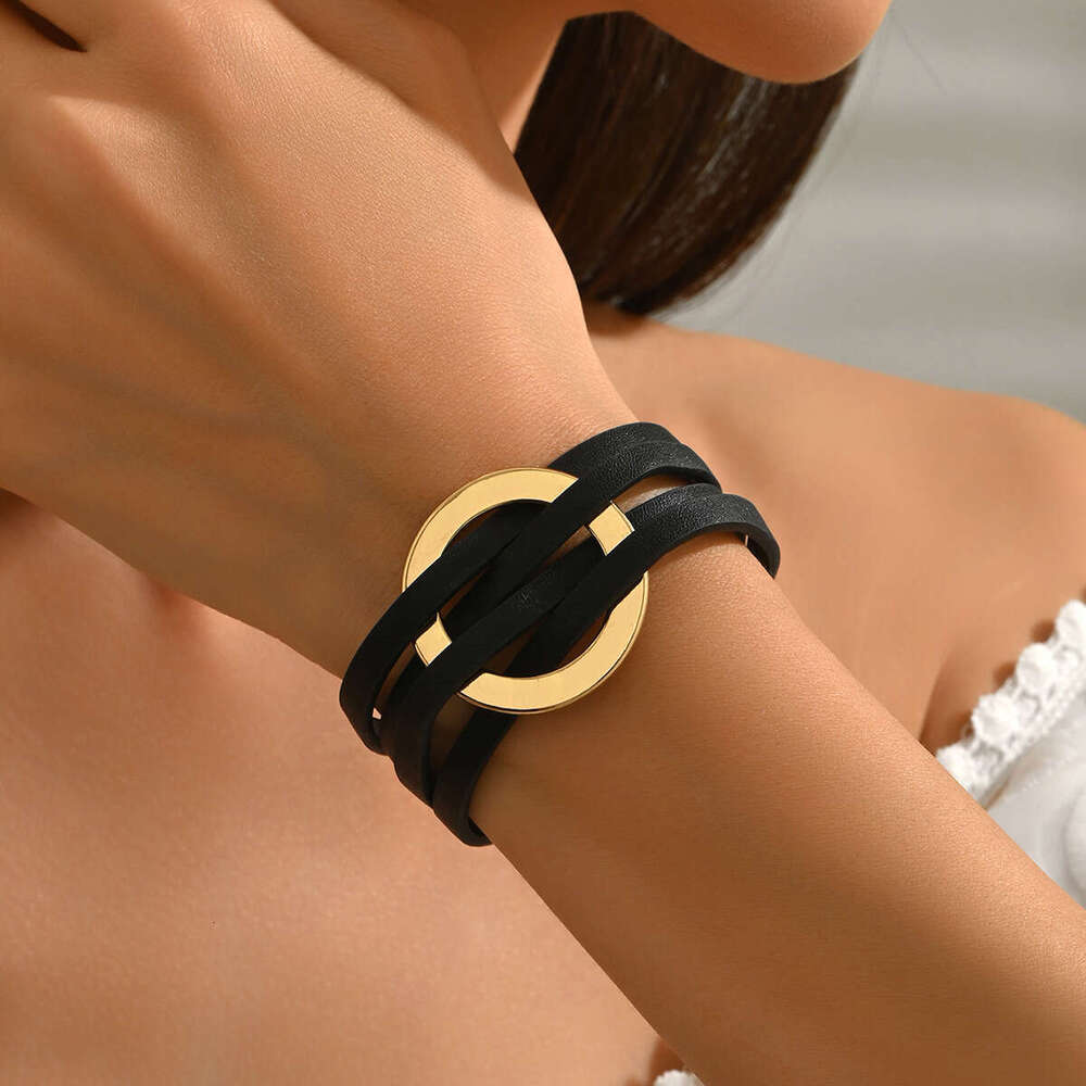 New Women's Geometric Round Design Leather Cross Bracelet Versatile High-end Feel Jewelry
