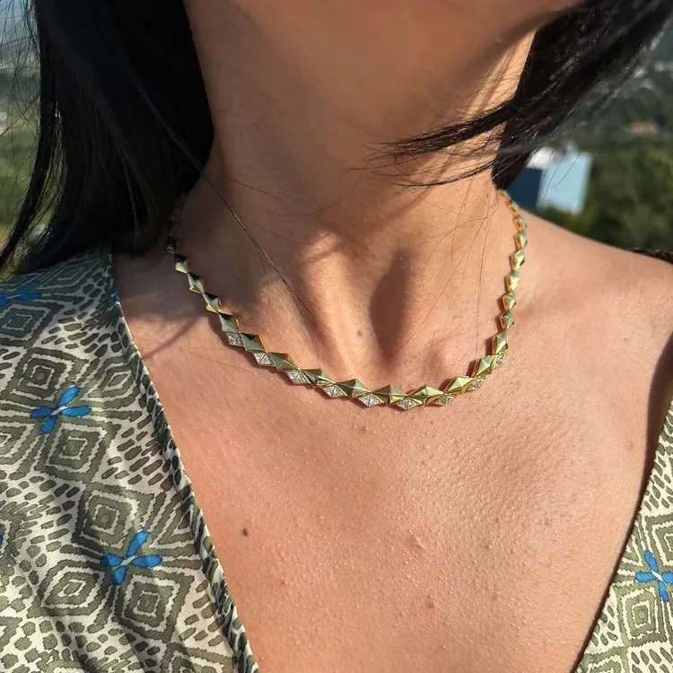 Gold Color Geometric Women Necklace High Quality Beaded Link Chain With 5A Triangle CZ Fashion Jewelry 250815