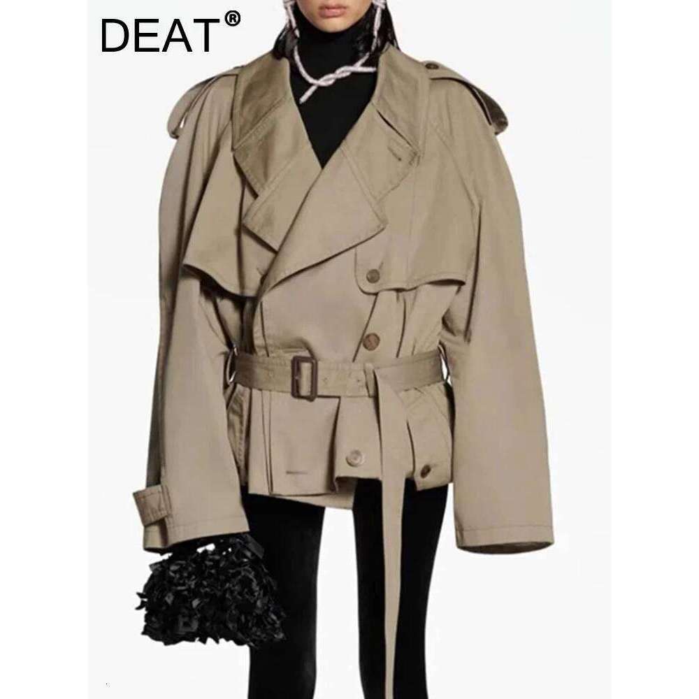 DEAT Fashion Women Cotton Trench Coat Lapel Raglan Sleeve Double Breasted Solid Color Short Windbreaker Autumn New 7Ab1302