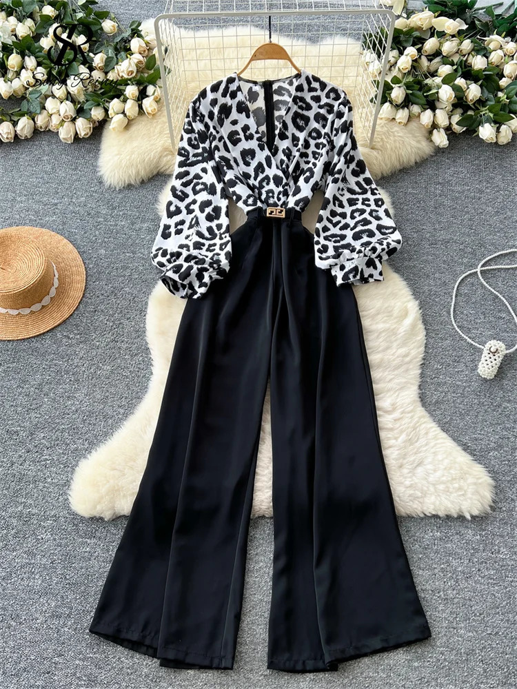 SINGREINY Autumn Leopard Long Jumpsuits V Neck Sleeves Belt Wide Legs Pants Women American Retro Senior Office Lady Rompers 250801