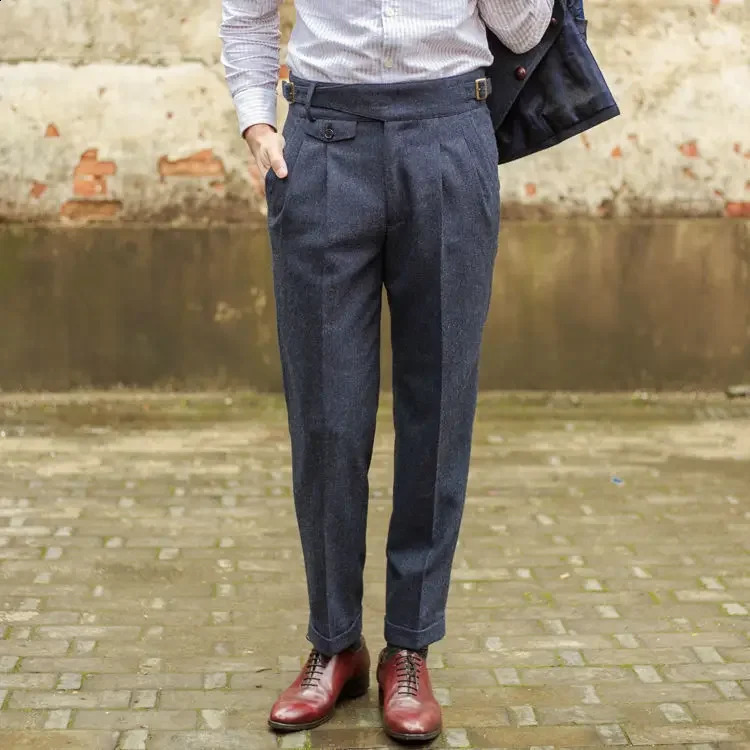Mens Autumn Winter Retro Pockets Loose Wool Trousers Male High Waist Straight Suit Pant Men Fashion Long Casual Pants F358 250815