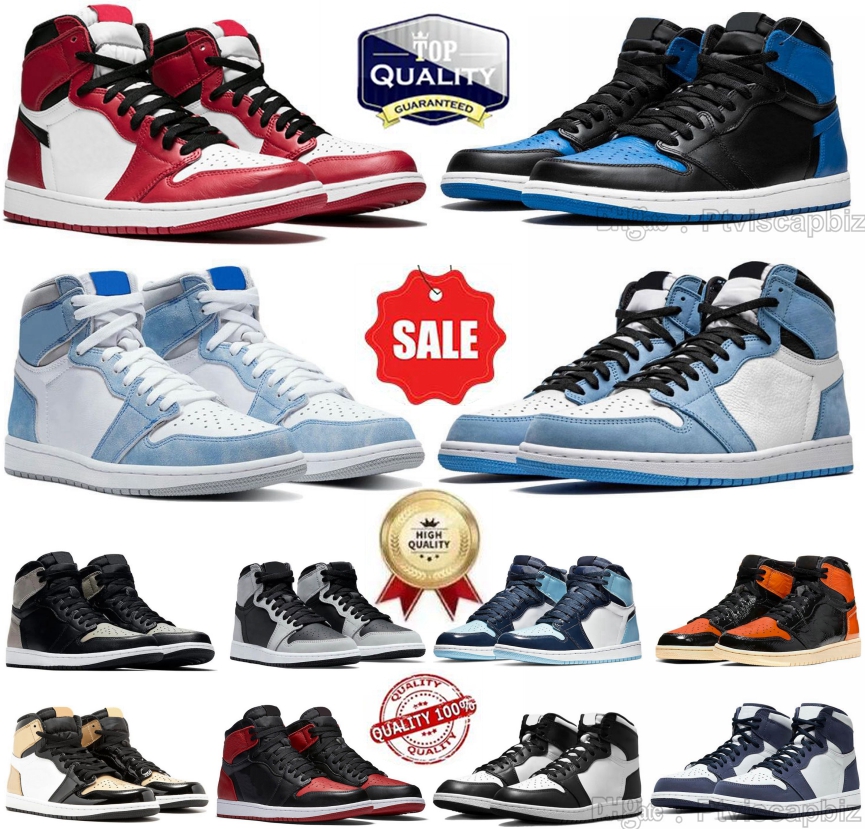 Top Quality High Royal Blue Basketball Shoes Real Carbon Fiber Leather Material Dark Mocha University Blue Bred Patent Banned Toe Gold Shadow Sports
