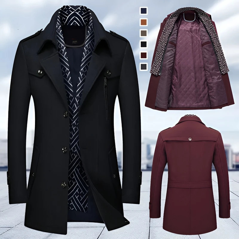 Mens Woolen Coats Fashion Thicken Mid Length Trench Turn Down Collar Warm Outerwear Business Casual Wool Coat 250818
