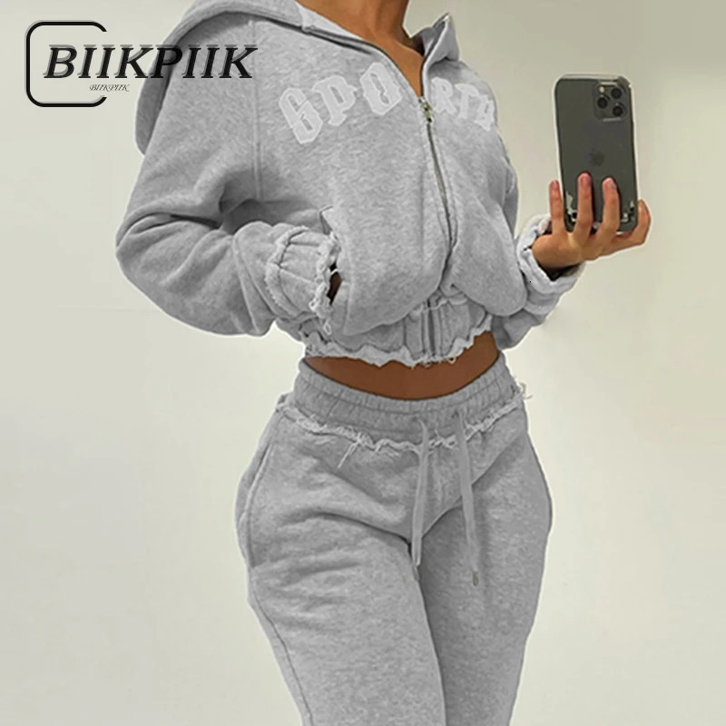 BIIKPIIK Letter Hoodie Sets Sporty Streetwear Hooded Zipper Coat Drawstring Pants Women Autumn Winter Warm Casual Two Piece Suit 250818