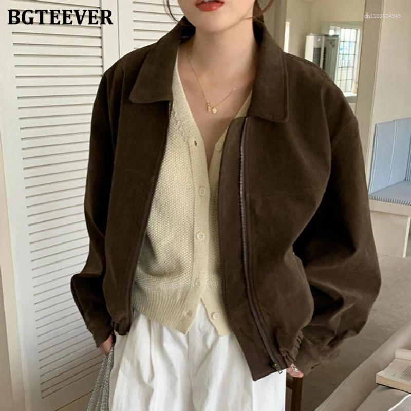 Vestes pour femmes bgteever revers décontracté à manches pleines poches lâches féminines vintage longues fintages zipper up Basic Coats