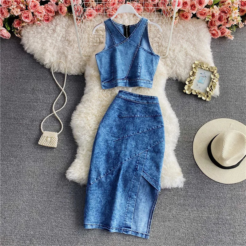 Denim Sets Women 2 Piece Suit Vest Top Skirt Outfits Sleeveless Waistcoat Irregular Long Skirts Washed Ensemble Summer 250801