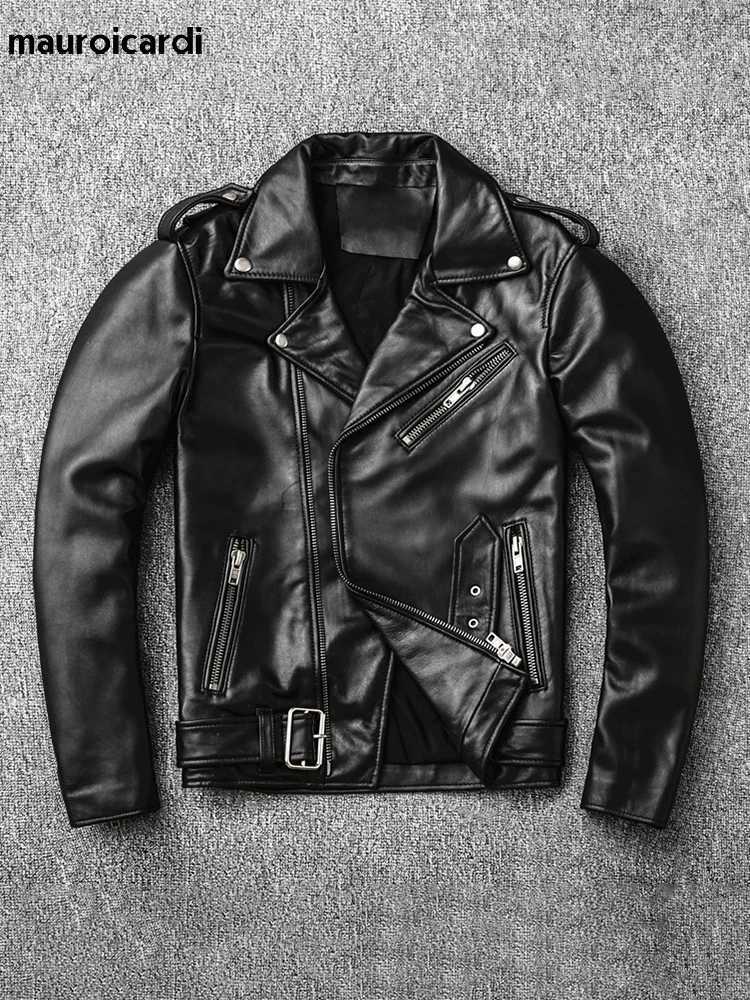 Mauroicardi Spring Autumn Short Black Fitted Faux Leather Biker Motorcycle Jackets for Men Zipper Plus Size Clothing 4xl 5xl XJ250818