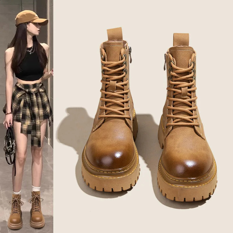 womens leather British style thick soled short boots small and retro versatile spring and autumn single boots 250814