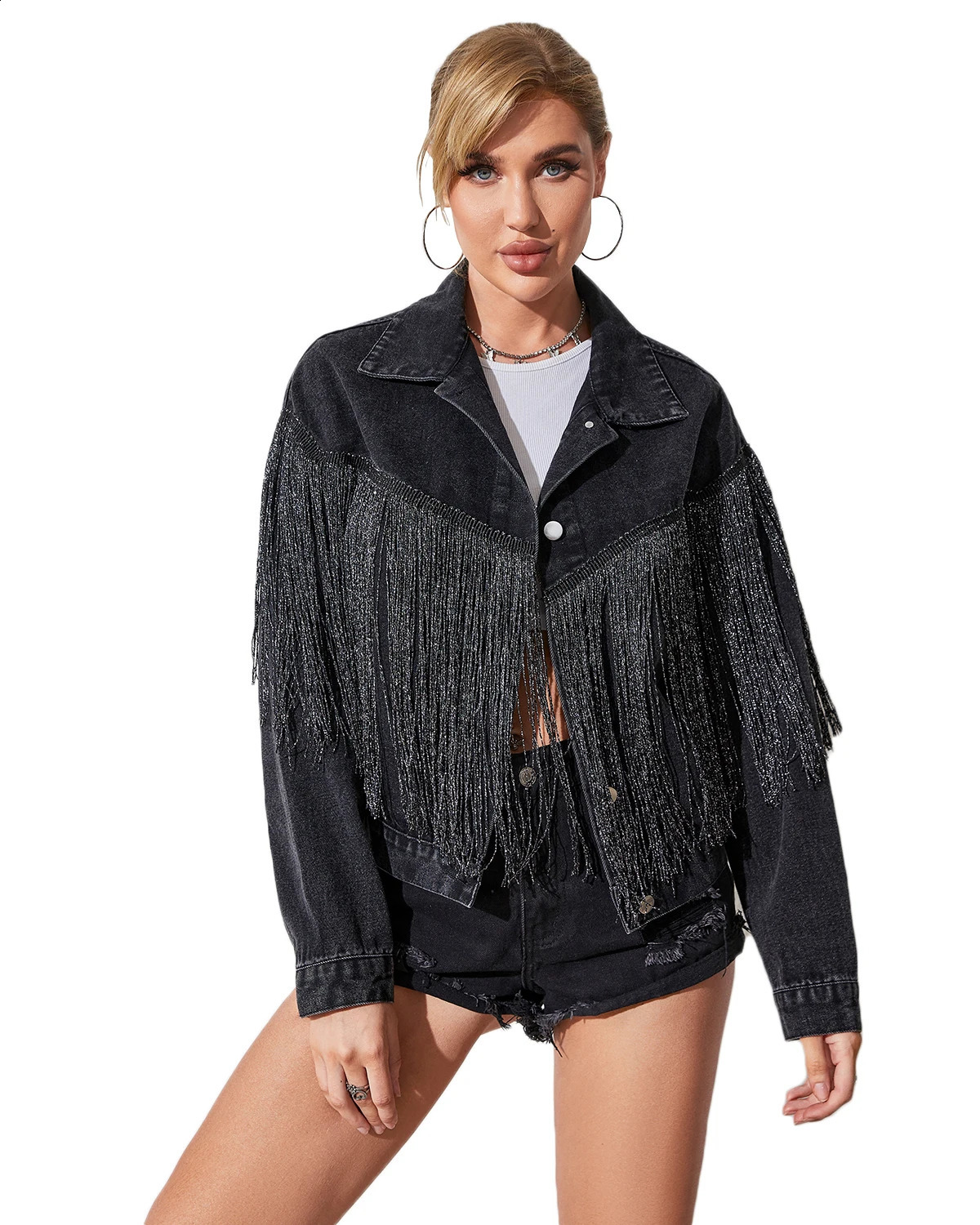 Womens Boyfriend Denim Jacket Long Sleeve Oversized Fringe Jean Coats 250801