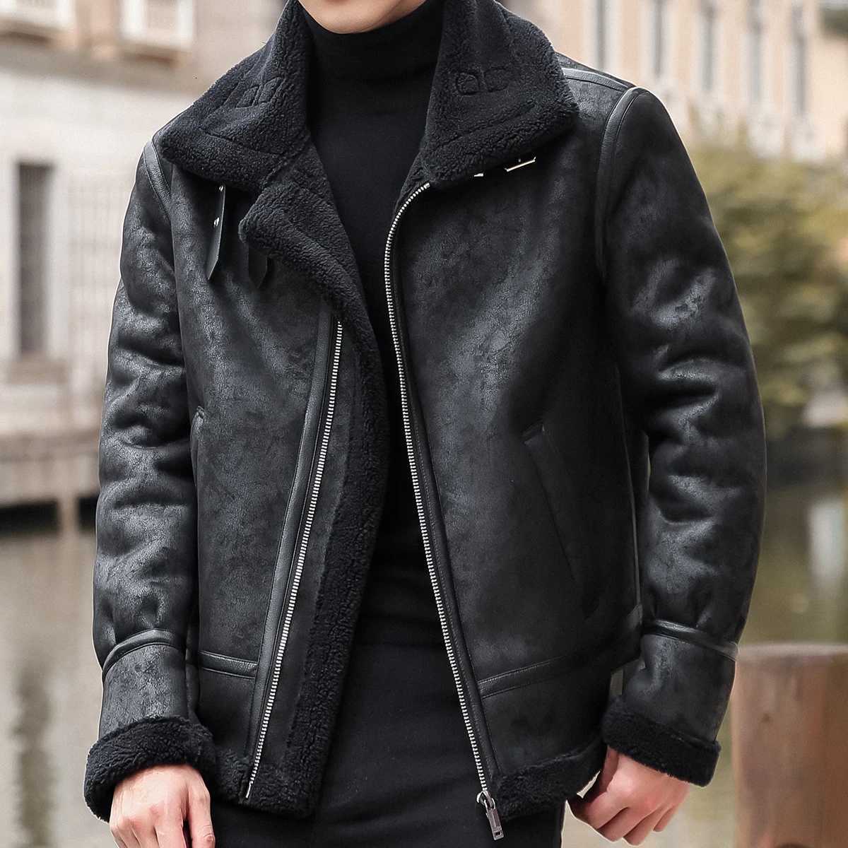 100% Cashmere PU Leather Jacket Men Plus Velvet Men Winter Warm Motorcycle Thickened Leather Coat Men Fleece PU Leather Coats XJ250818