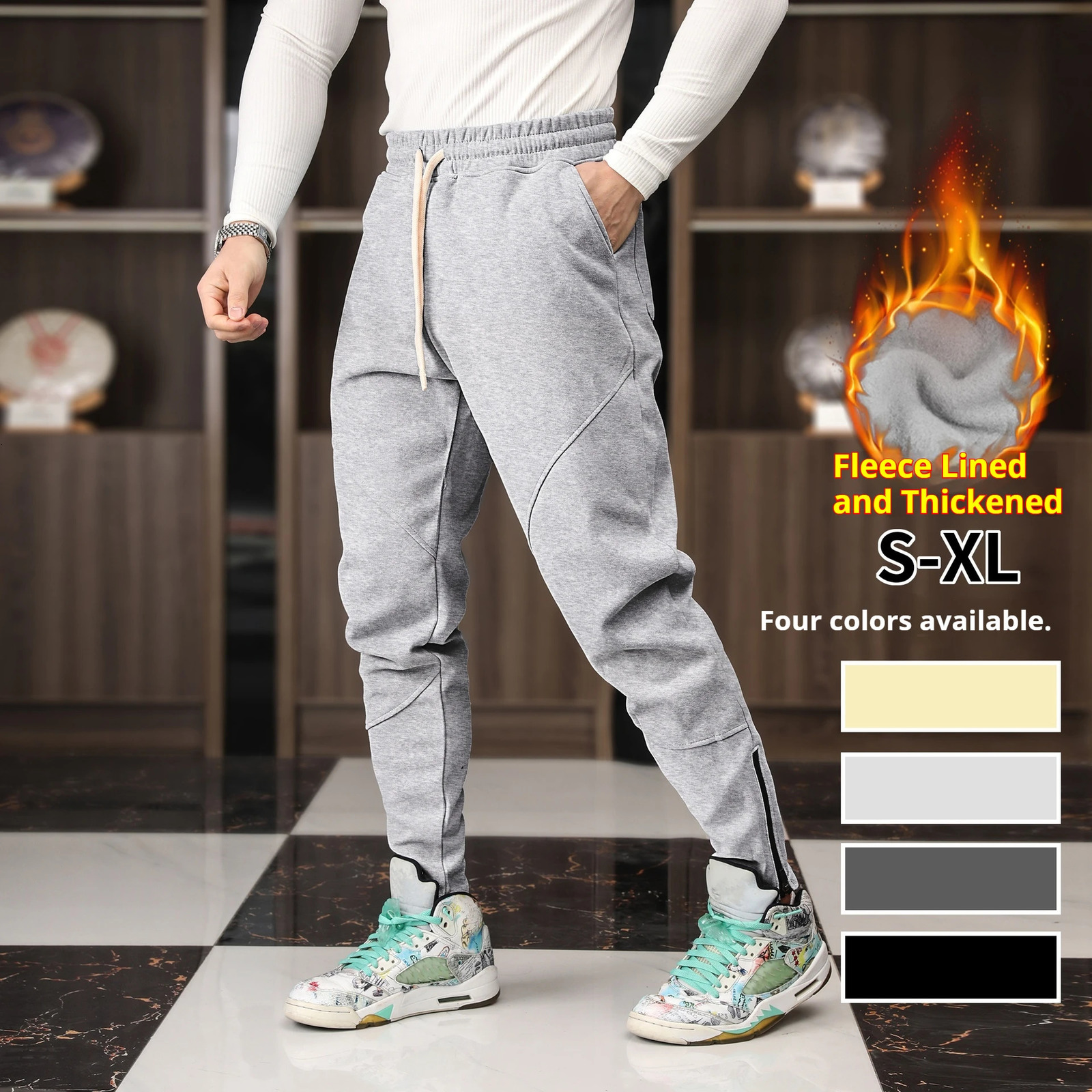 Mens winter fleece mens trousers casual sports European plus size spliced ankle zipper sweatpants 250818