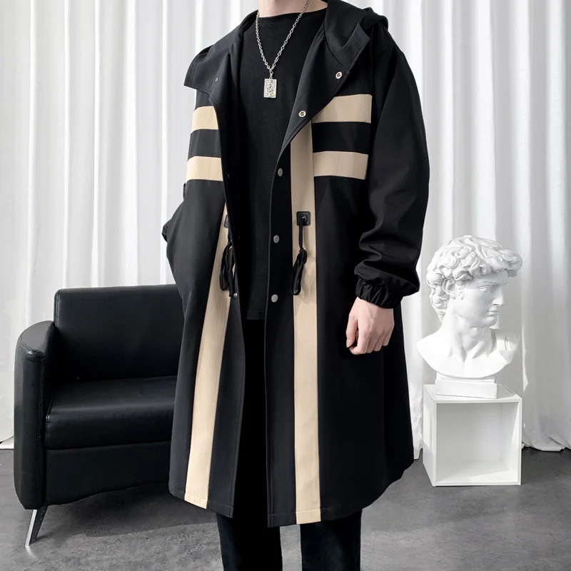 Trench coat Mens Windbreaker Patchwork Color Medium Long Trenchcoat Korean Fashion Covered Button Male Hooded Jacket 250818