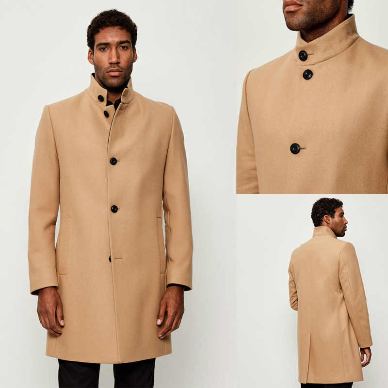 Camel Woolen Mens Overcoat Casual Winter Long Jacket Sport Polo Jacket Groom Wear One Piece Customized
