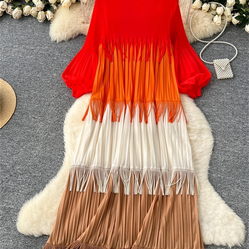 SINGREINY Multicolor Spring Loose Dress Women Lantern Sleeve Temperament O Neck 2025 est Vintage Tassel Senior Long Dresses 250808