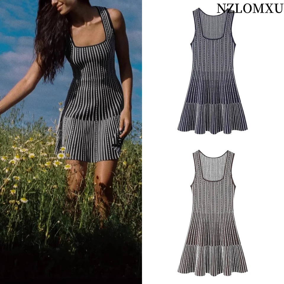 Summer Femme rayée en tricoté mini robe mode sans manches couche de cou de couches causales minces robes élégantes 250801