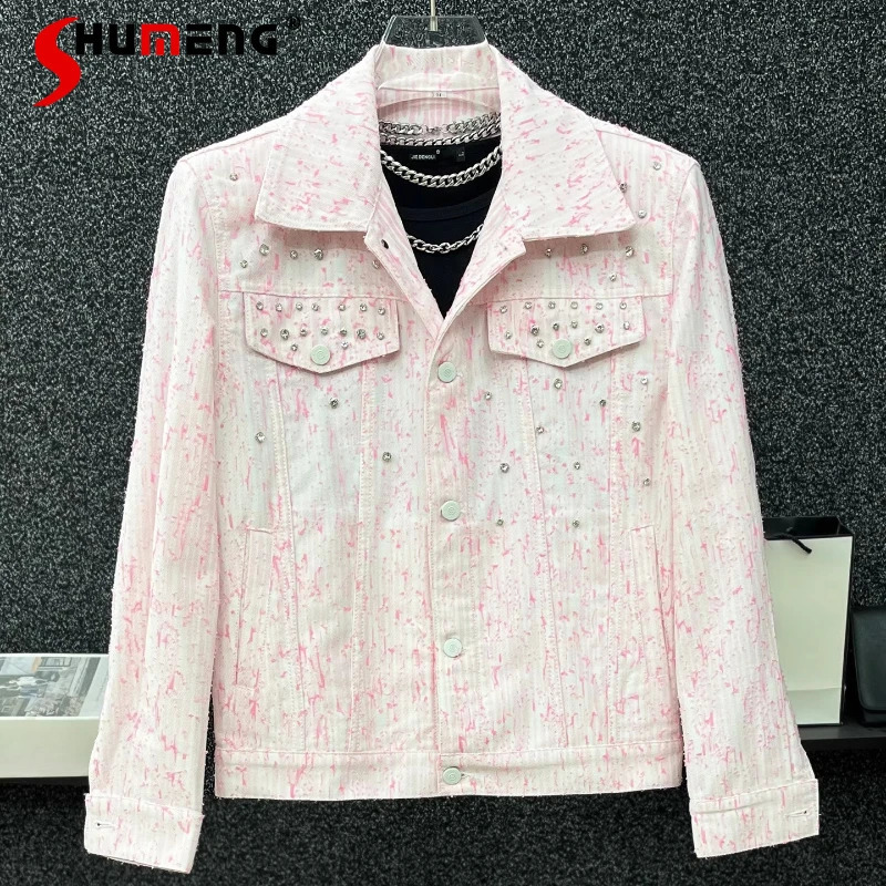Mens Autumn Fashion Diamondencrusted Small Fragrant Coats Trendy Versatile Longsleeve Jackets Highend Denim Jacket 250801