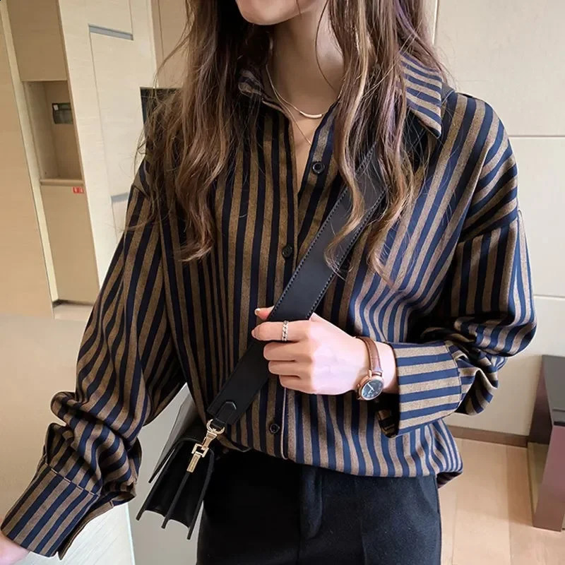 Casual Striped Long Sleeve Womens Shirt Lazy Style Spring Fashion Student Universal Large Size Trendy Button up Top 250813