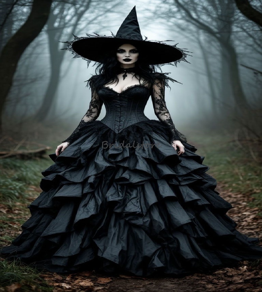 Vintage Black Witchy Prom Robe 2025 Costume à niveaux Costume Halloween Robe de soirée à manches longues en dentelle