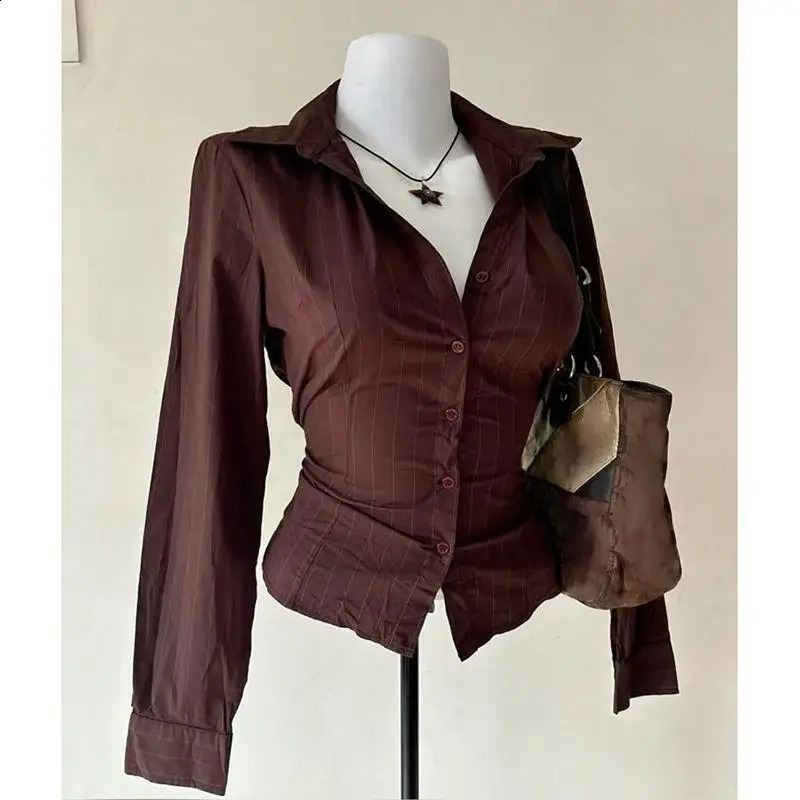 2025 Summer Retro Classic Shirt Female Korea Fashion Long Sleeved Slim Stripe Y2k Brown Singlebreasted Top 250813