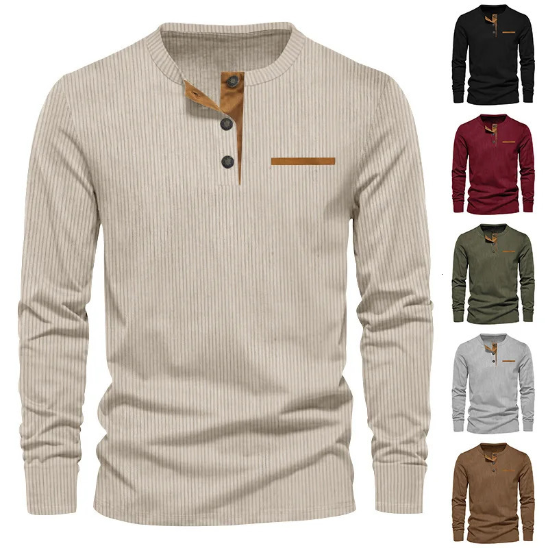 Mens Long Sleeve Tshirt Spring And Autumn Comfortable Corduroy Pocket Daily Casual Henry Shirt Fashion Clothing 250818